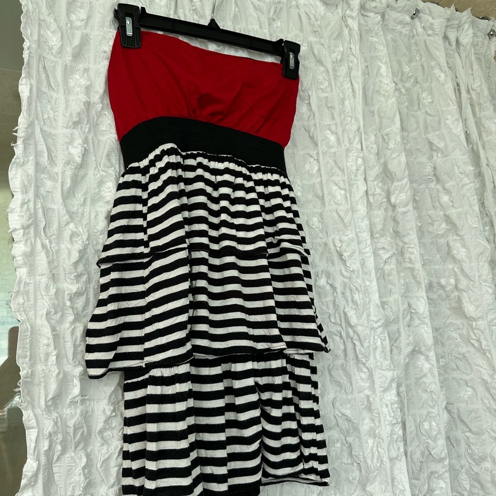 Red and Black Striped Strapless Dress